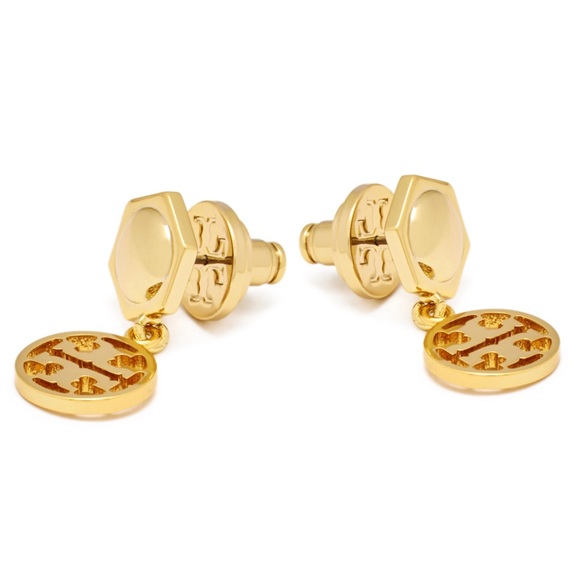 TORY BURCH • Gold Hexagon Logo Drop Earrings - Picture 4 of 8